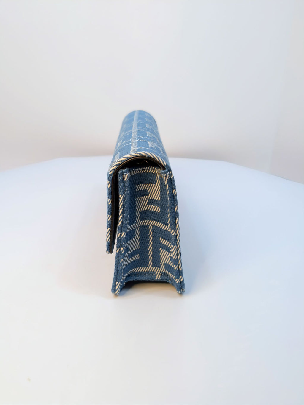 Fendi Blue and White Woven Denim-Effect FF Jacquard Baguette (NWT) Wallet on Chain
