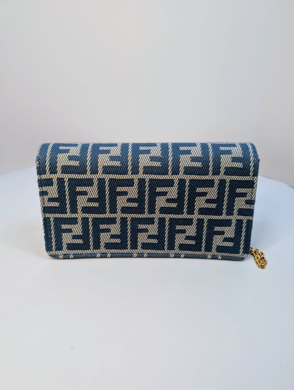 Fendi Blue and White Woven Denim-Effect FF Jacquard Baguette (NWT) Wallet on Chain
