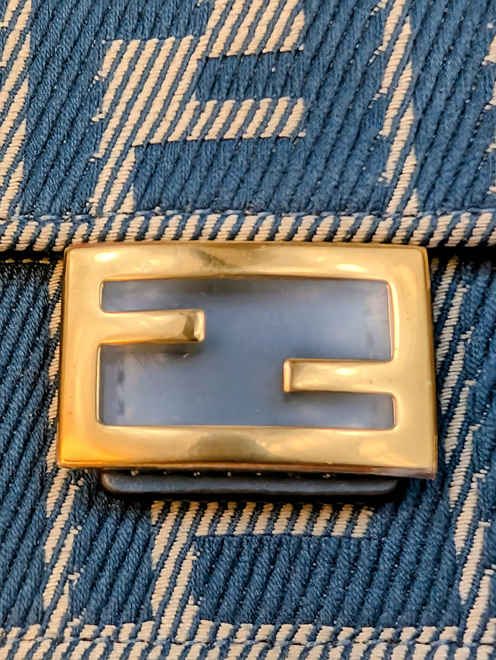 Fendi Blue and White Woven Denim-Effect FF Jacquard Baguette (NWT) Wallet on Chain