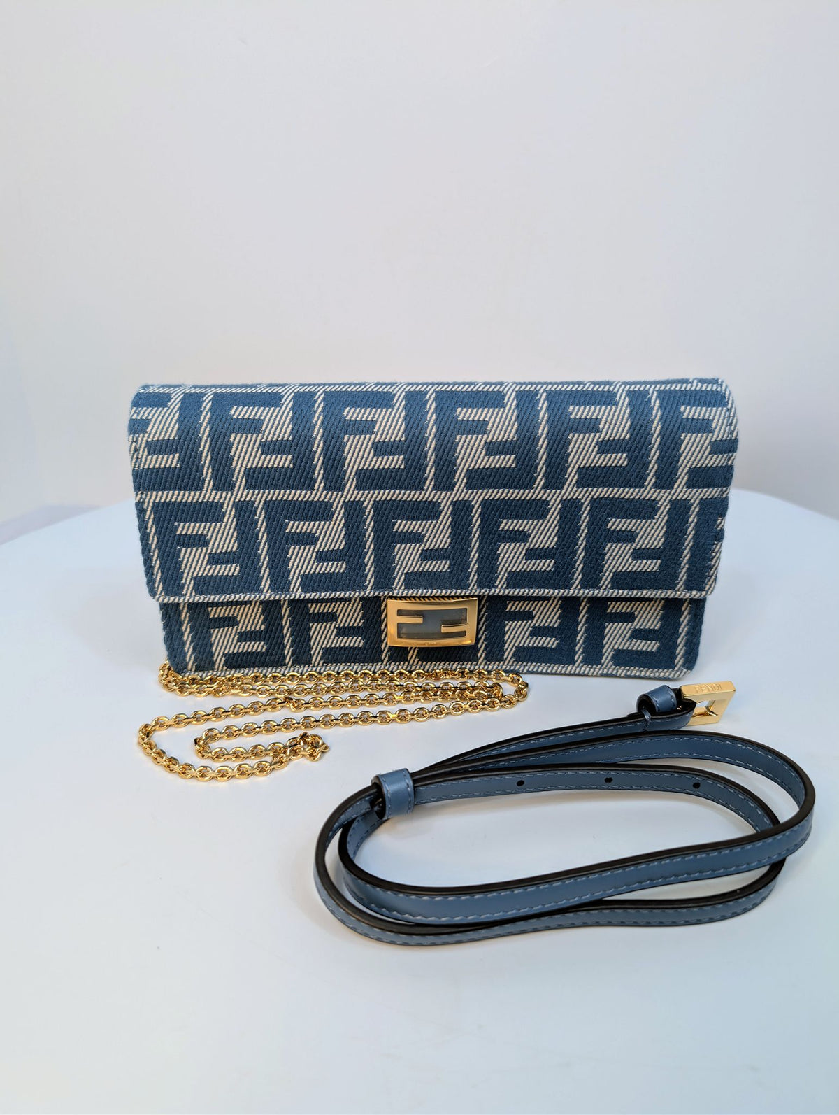 Fendi Blue and White Woven Denim-Effect FF Jacquard Baguette (NWT) Wallet on Chain