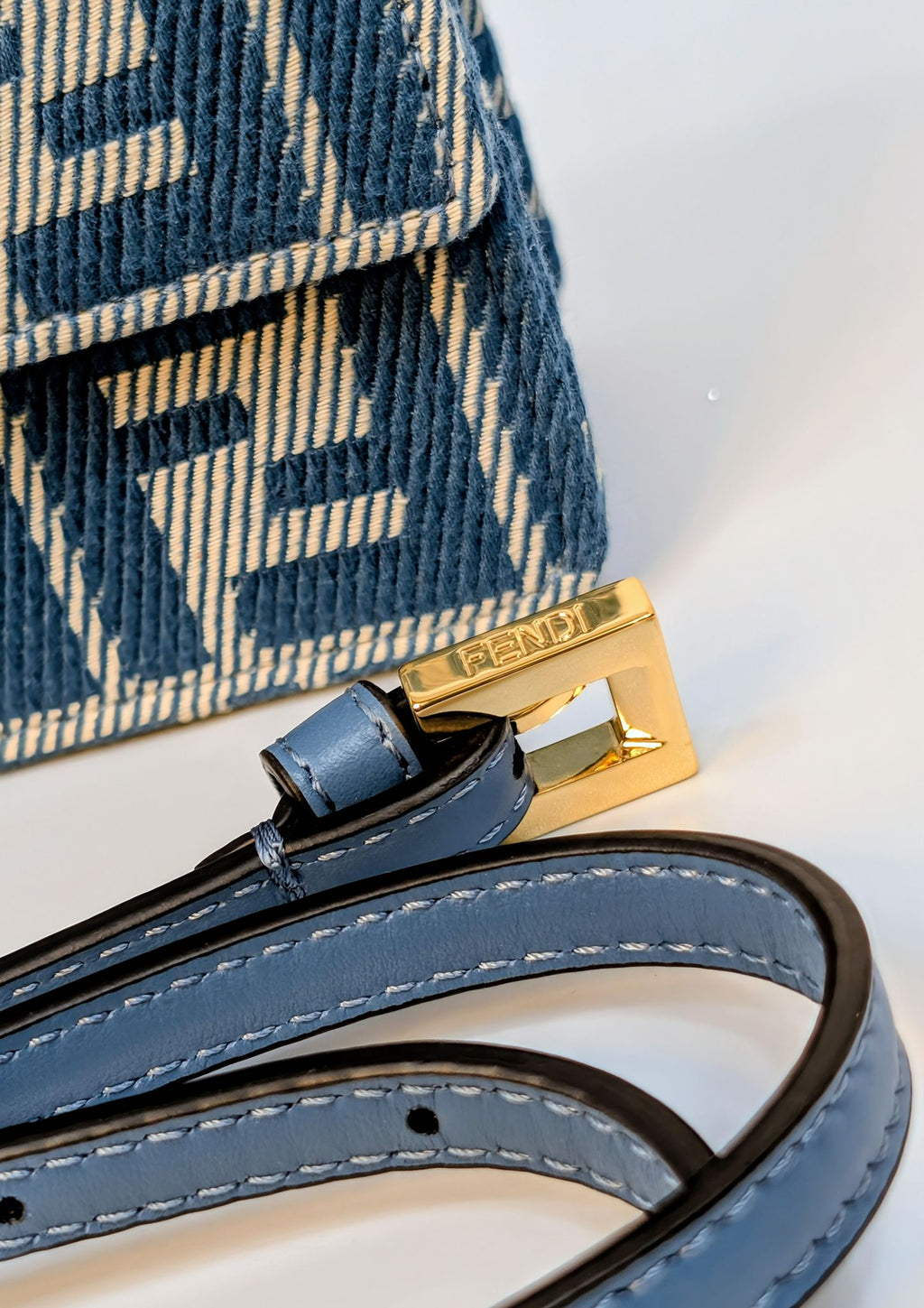 Fendi Blue and White Woven Denim-Effect FF Jacquard Baguette (NWT) Wallet on Chain