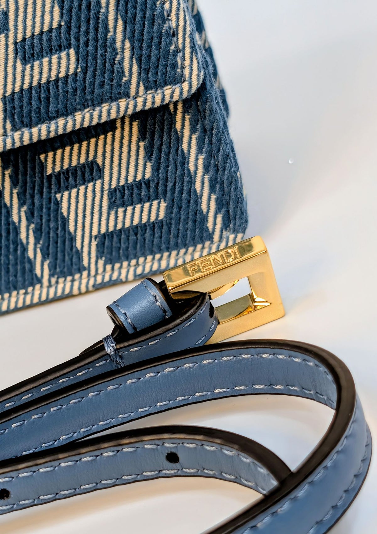 Fendi Blue and White Woven Denim-Effect FF Jacquard Baguette (NWT) Wallet on Chain