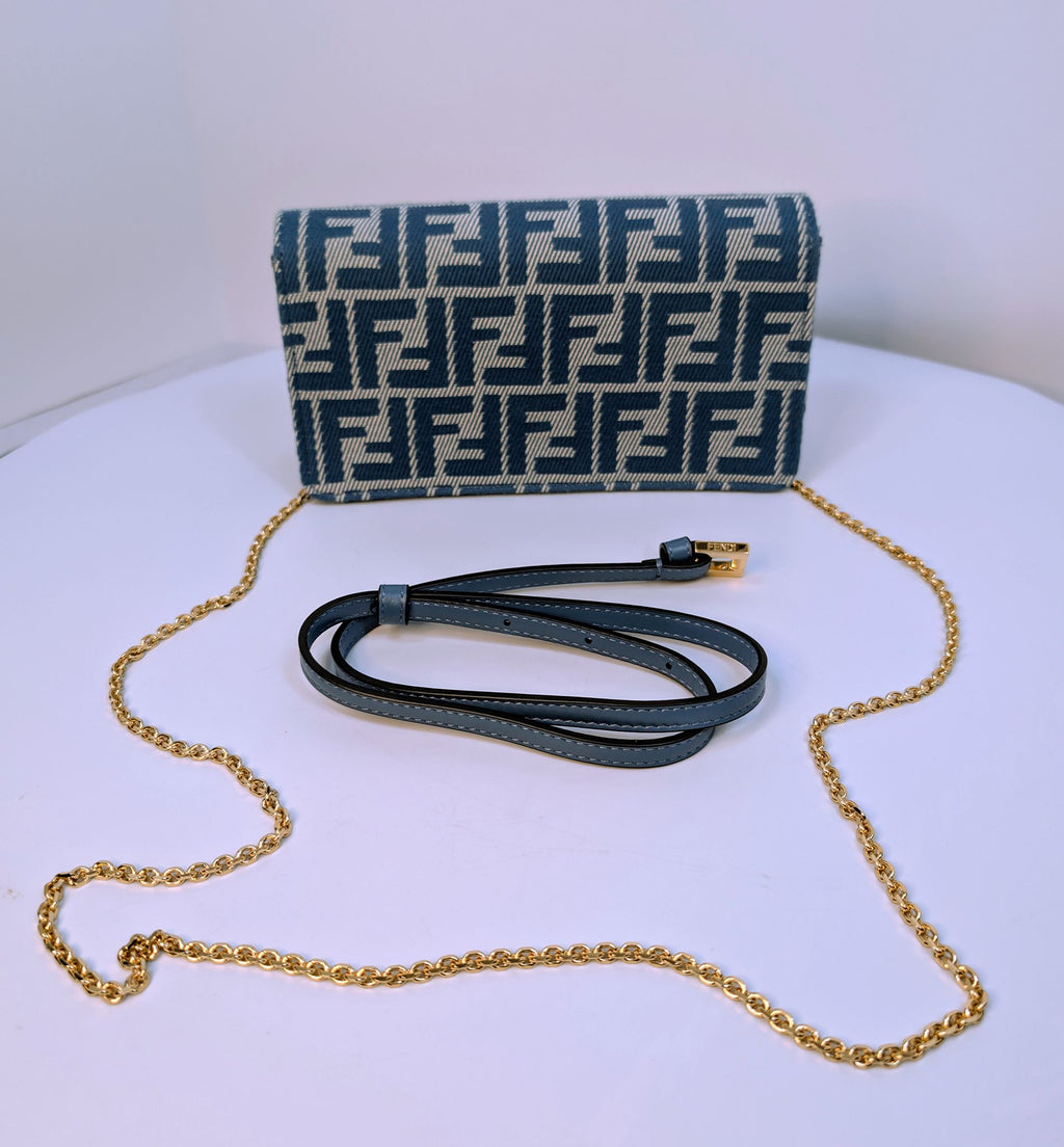 Fendi Blue and White Woven Denim-Effect FF Jacquard Baguette (NWT) Wallet on Chain