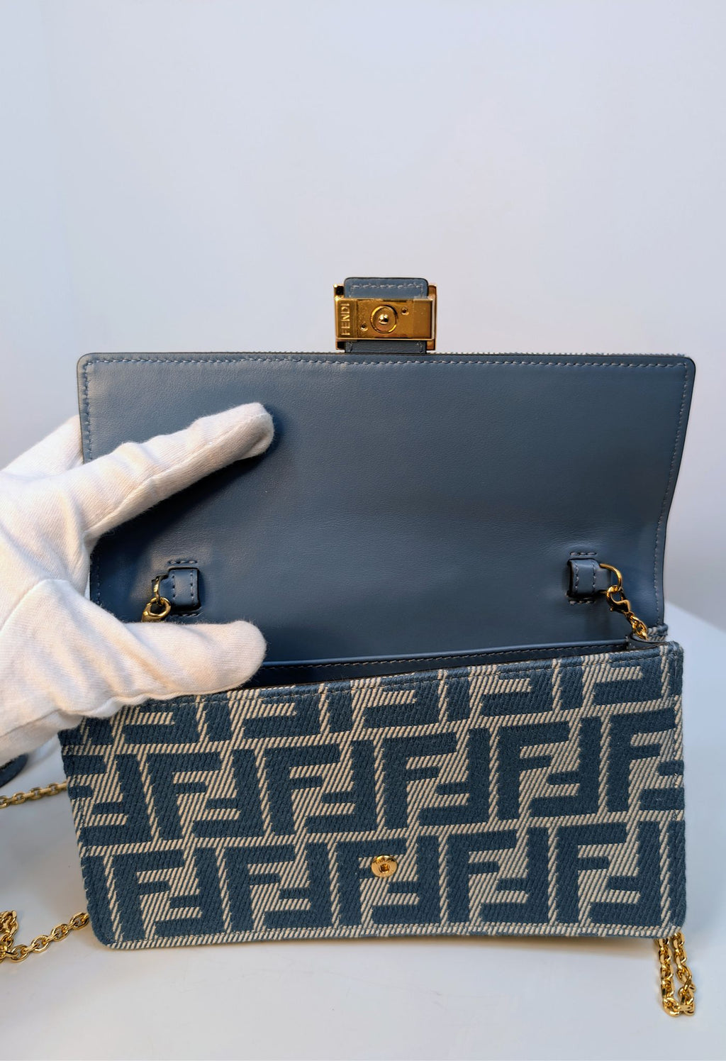 Fendi Blue and White Woven Denim-Effect FF Jacquard Baguette (NWT) Wallet on Chain