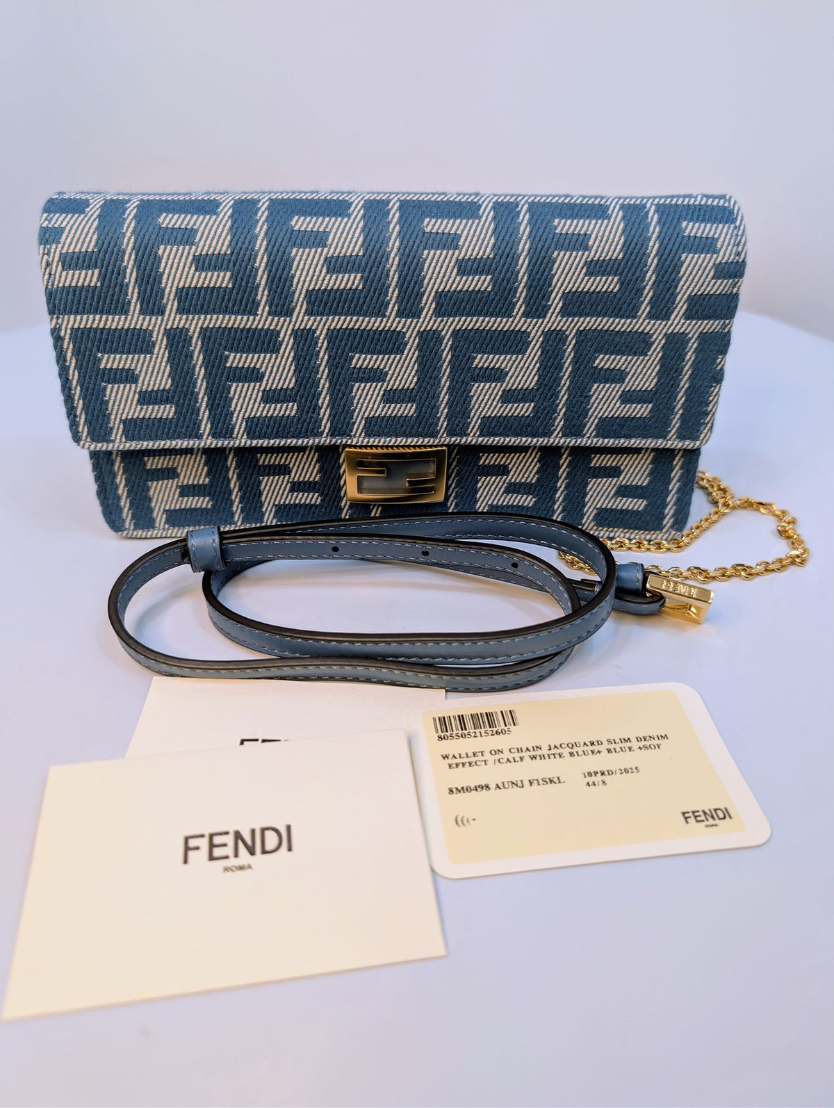 Fendi Blue and White Woven Denim-Effect FF Jacquard Baguette (NWT) Wallet on Chain