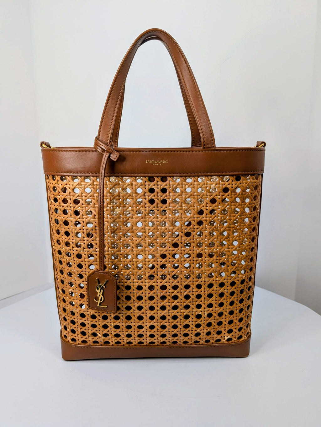 Saint Laurent Paris Cognac Brown Leather Woven Wicker Toy Shopping Tote
