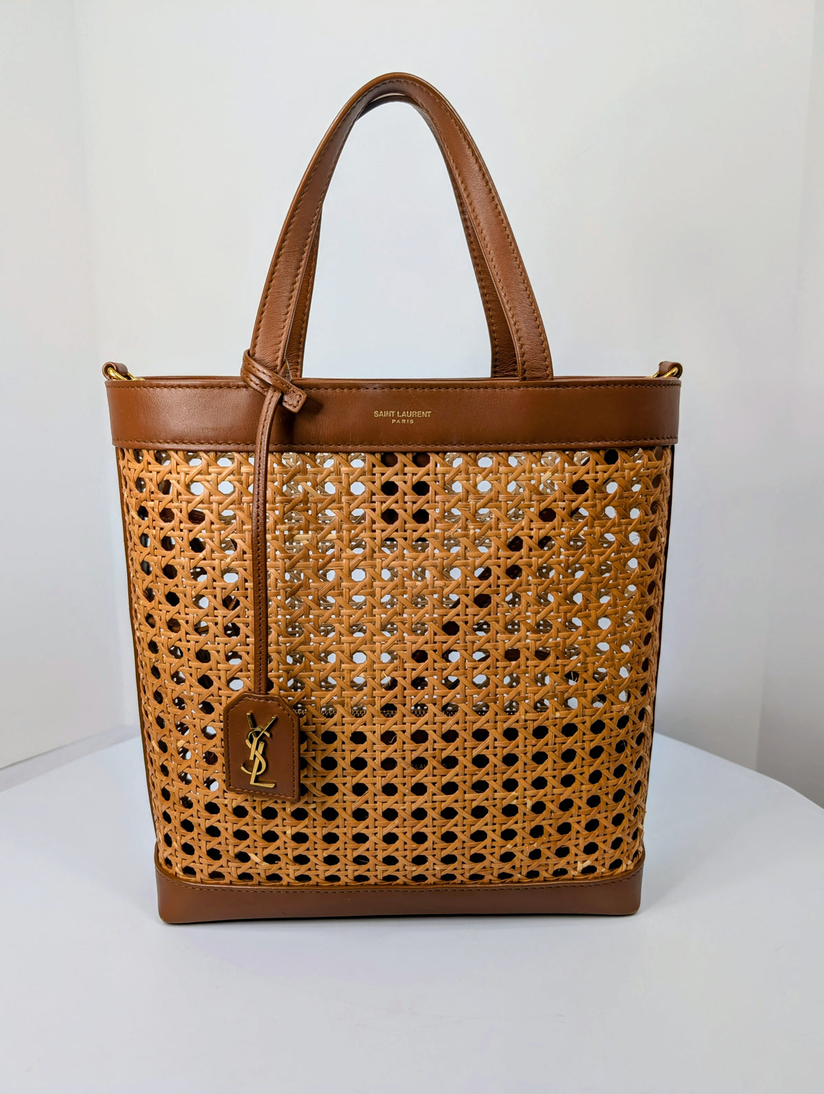 Saint Laurent Paris Cognac Brown Leather Woven Wicker Toy Shopping Tote