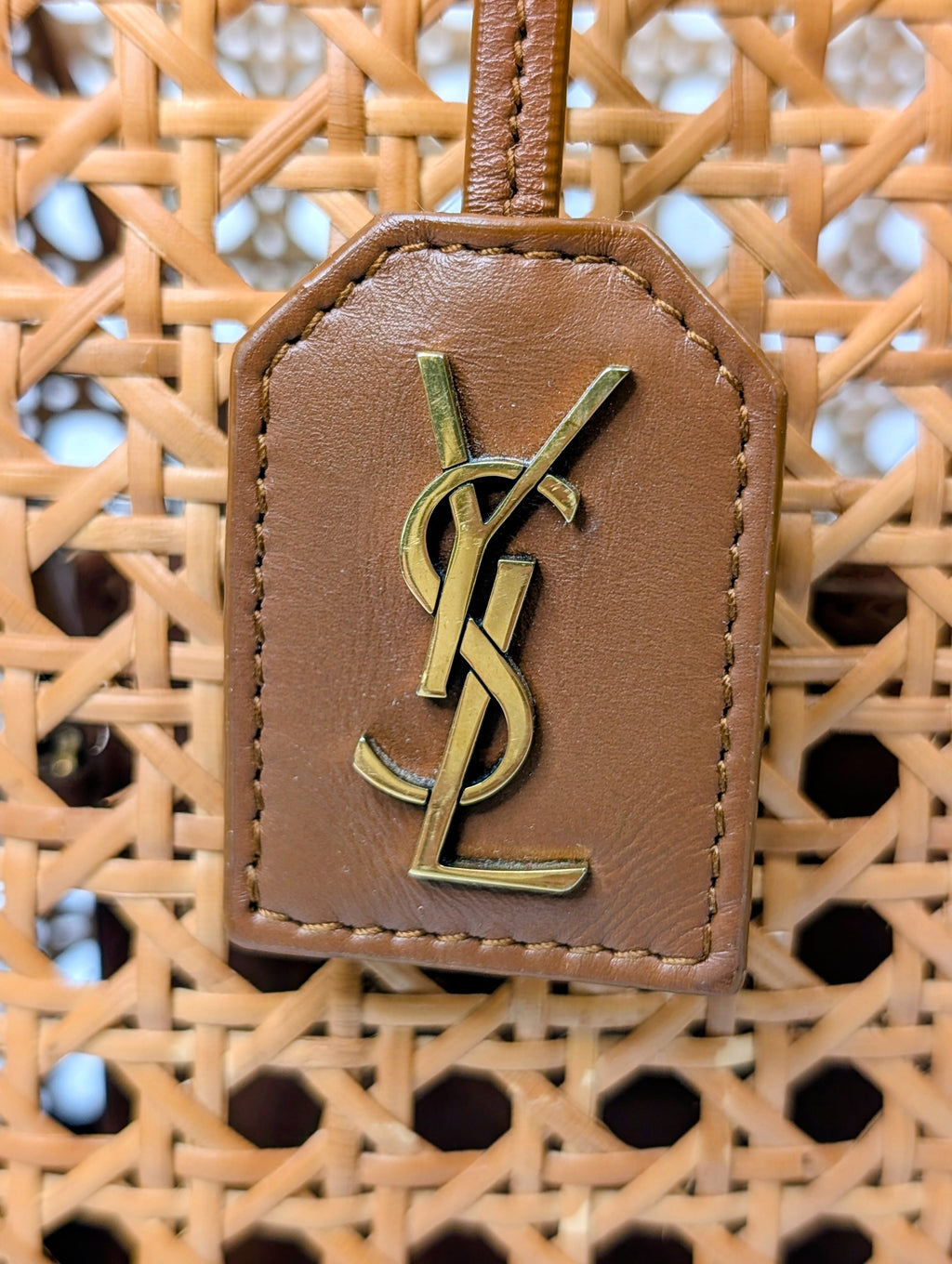 Saint Laurent Paris Cognac Brown Leather Woven Wicker Toy Shopping Tote
