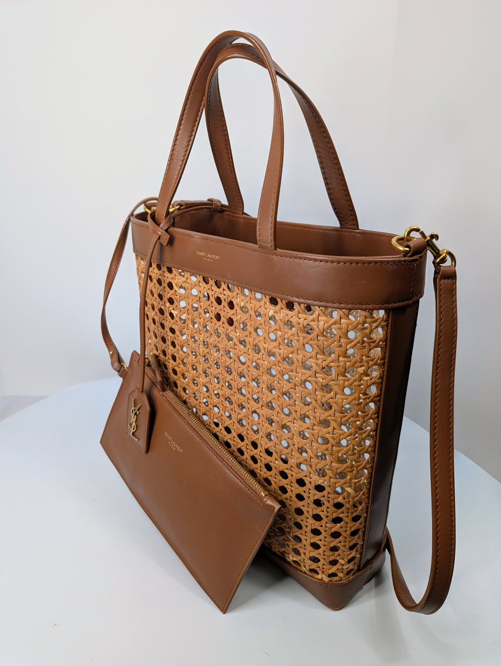Saint Laurent Paris Cognac Brown Leather Woven Wicker Toy Shopping Tote