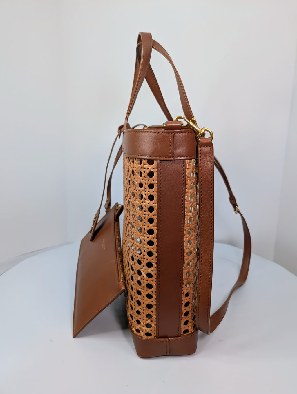 Saint Laurent Paris Cognac Brown Leather Woven Wicker Toy Shopping Tote