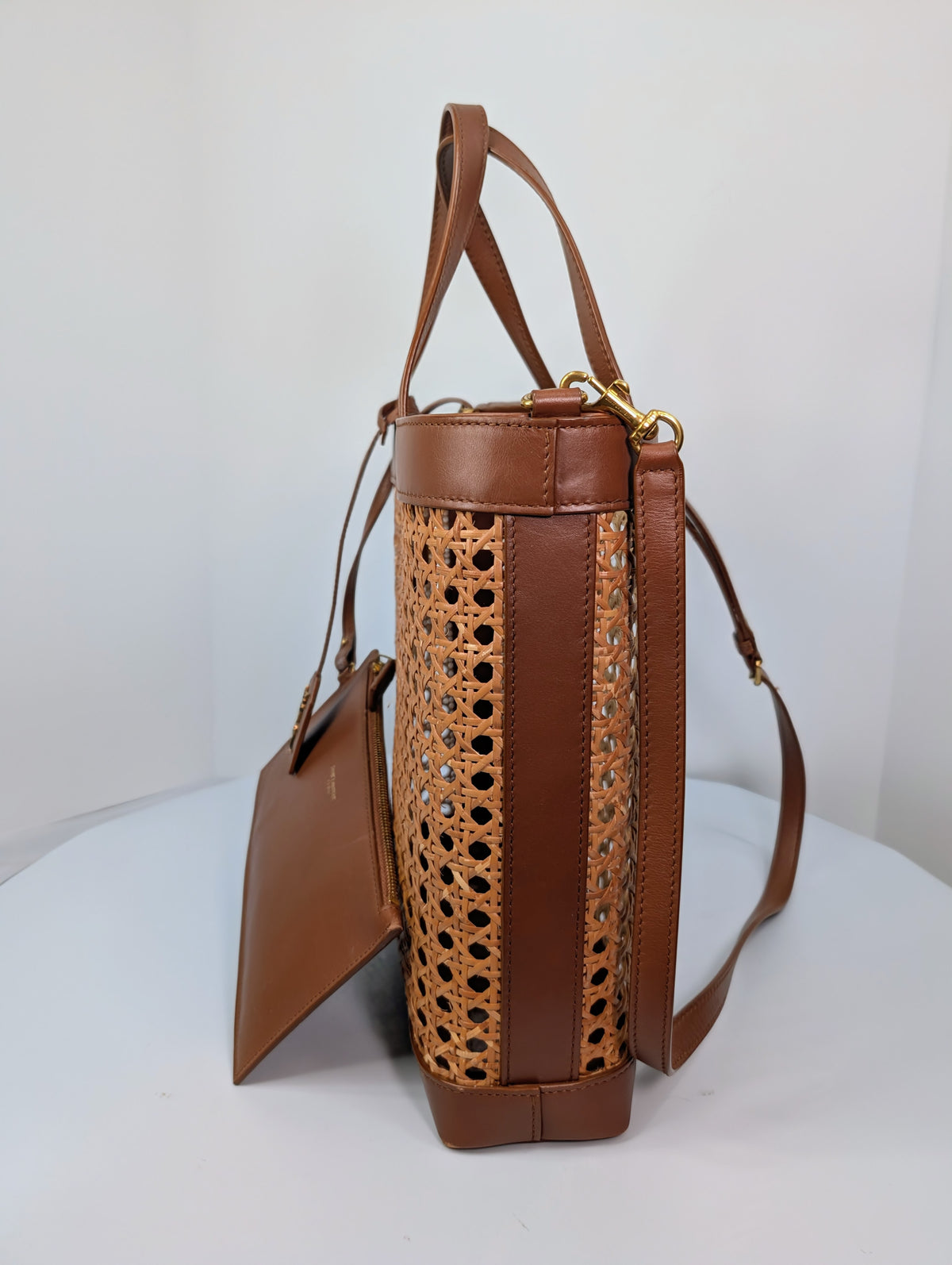 Saint Laurent Paris Cognac Brown Leather Woven Wicker Toy Shopping Tote