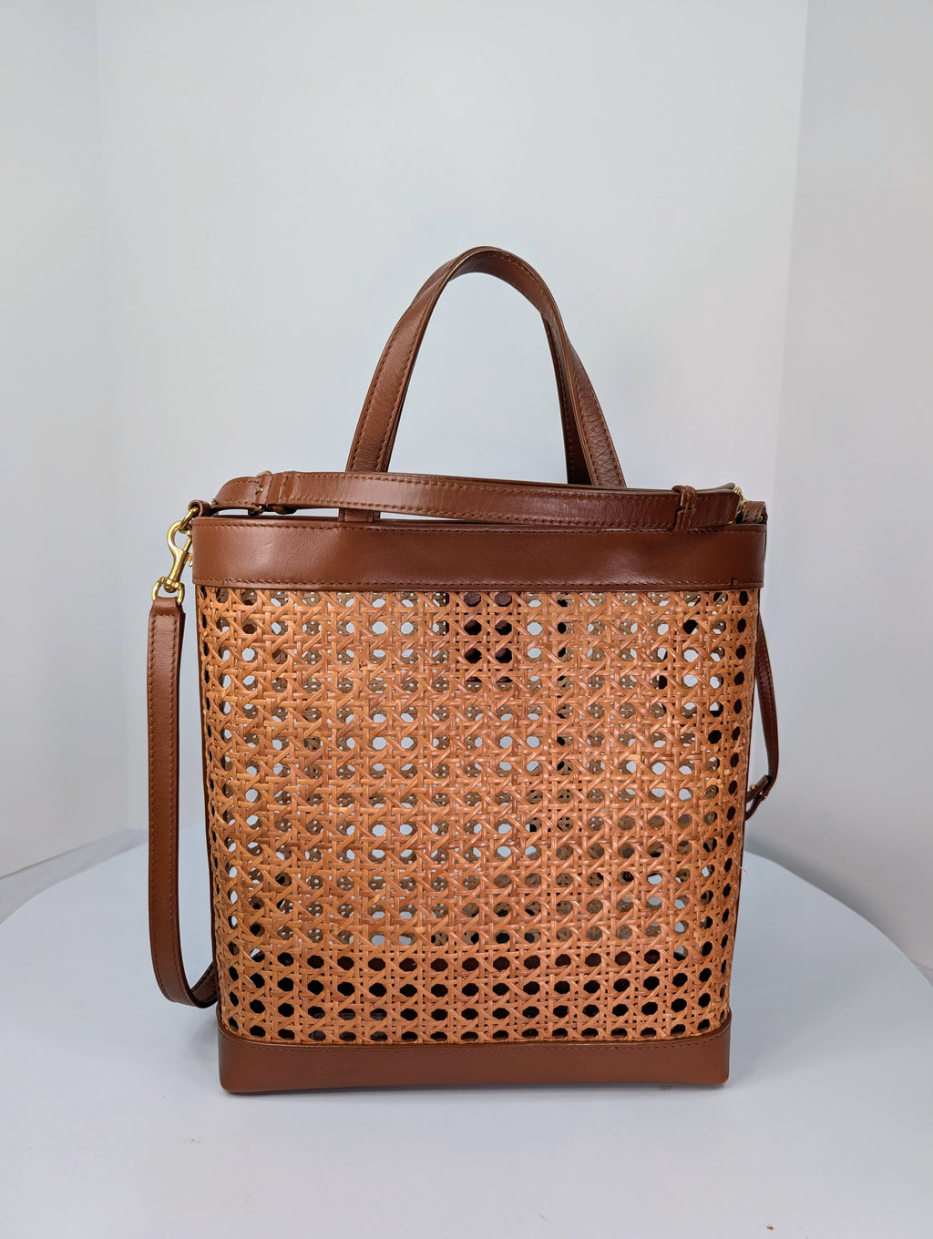 Saint Laurent Paris Cognac Brown Leather Woven Wicker Toy Shopping Tote