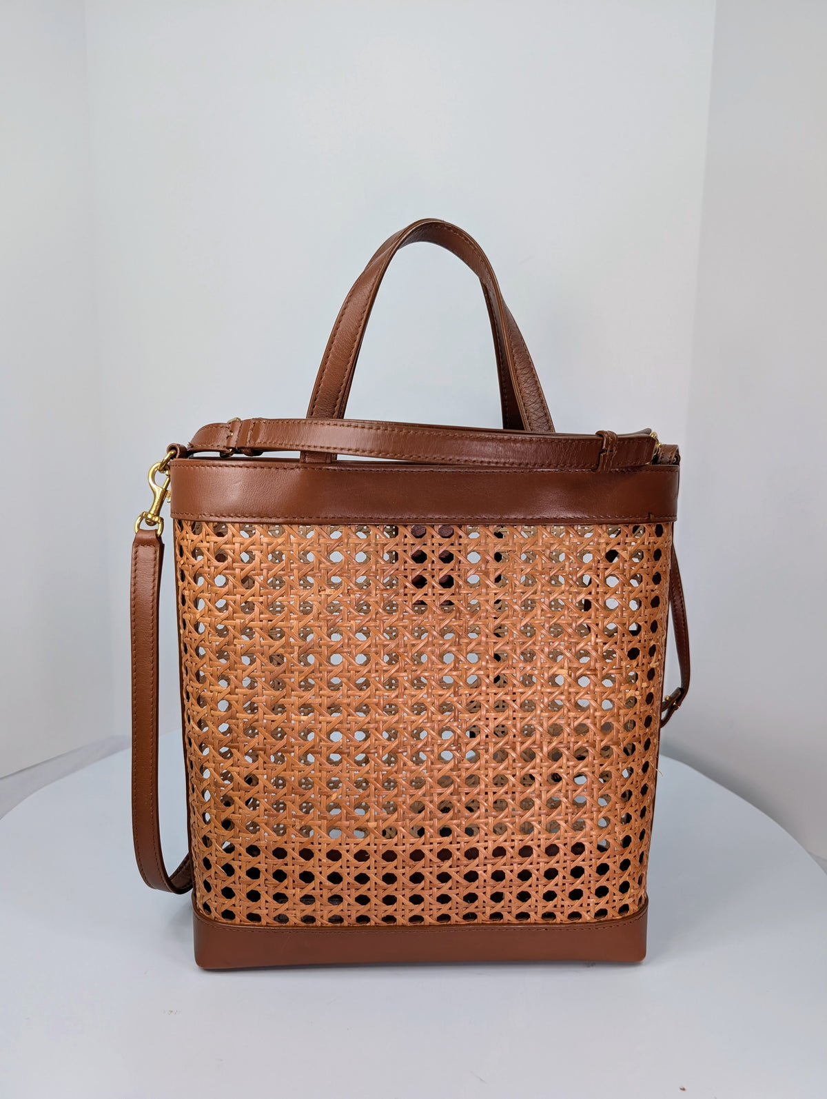 Saint Laurent Paris Cognac Brown Leather Woven Wicker Toy Shopping Tote