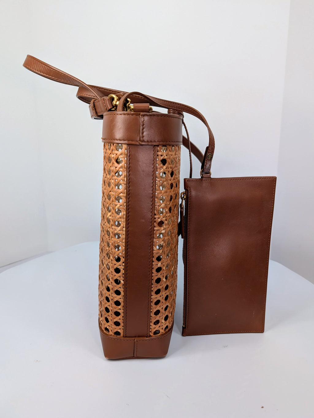 Saint Laurent Paris Cognac Brown Leather Woven Wicker Toy Shopping Tote