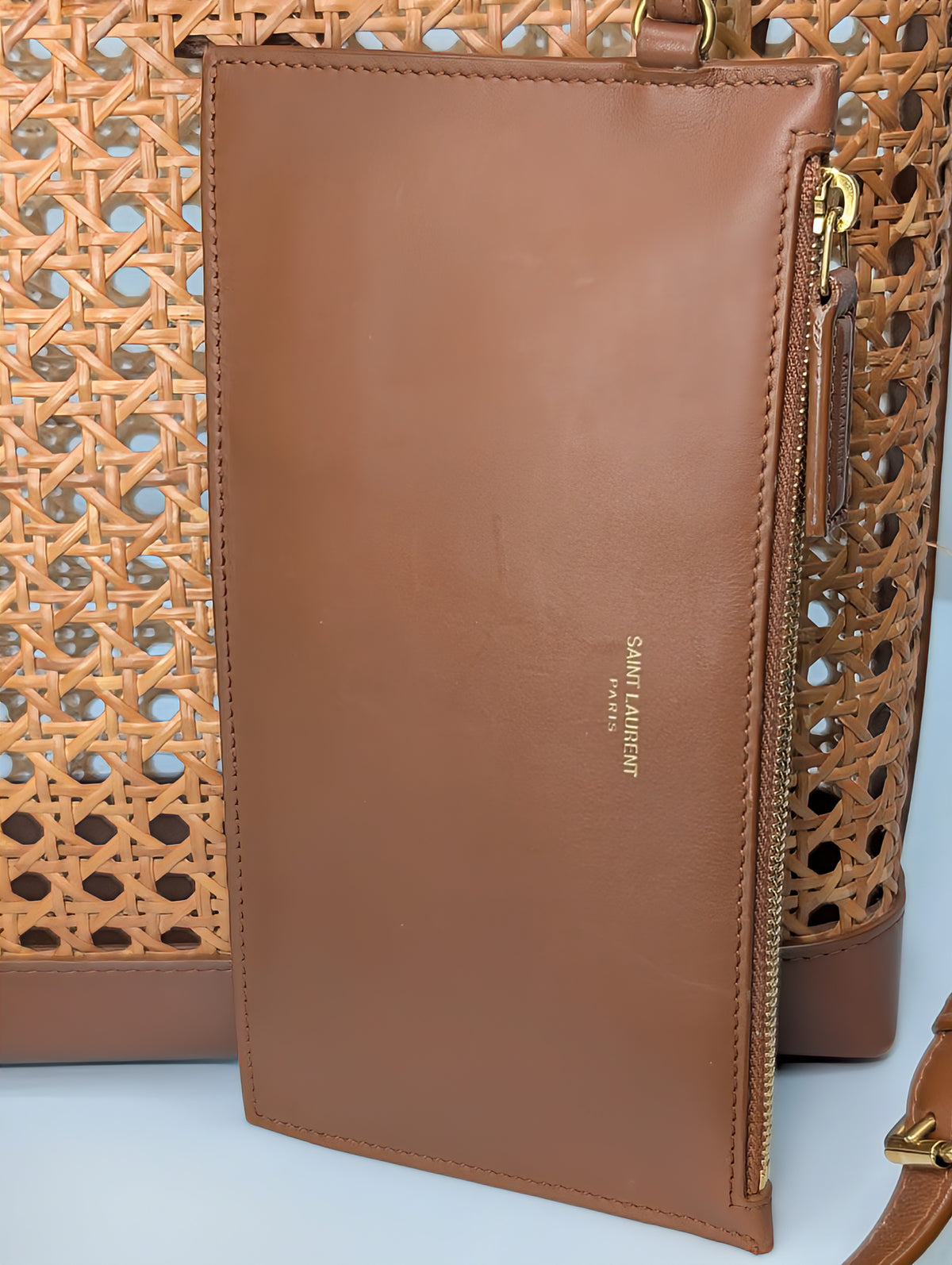 Saint Laurent Paris Cognac Brown Leather Woven Wicker Toy Shopping Tote