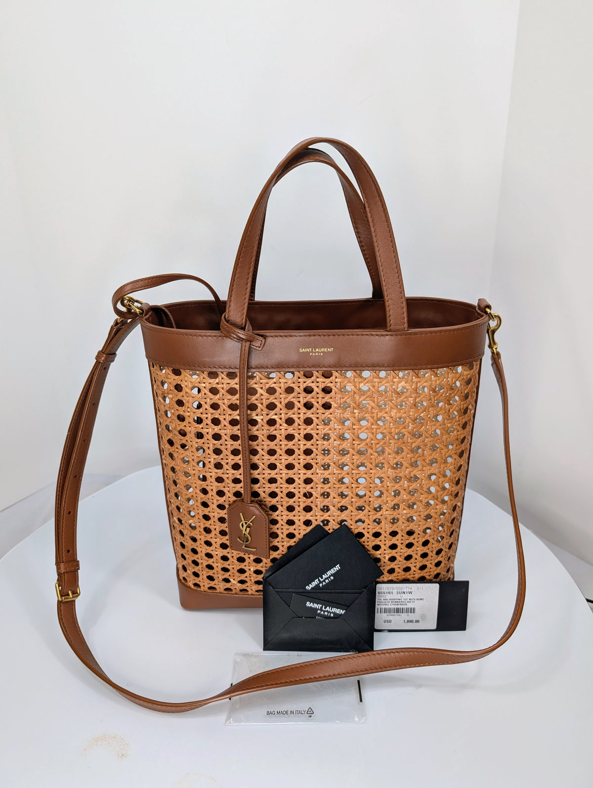Saint Laurent Paris Cognac Brown Leather Woven Wicker Toy Shopping Tote