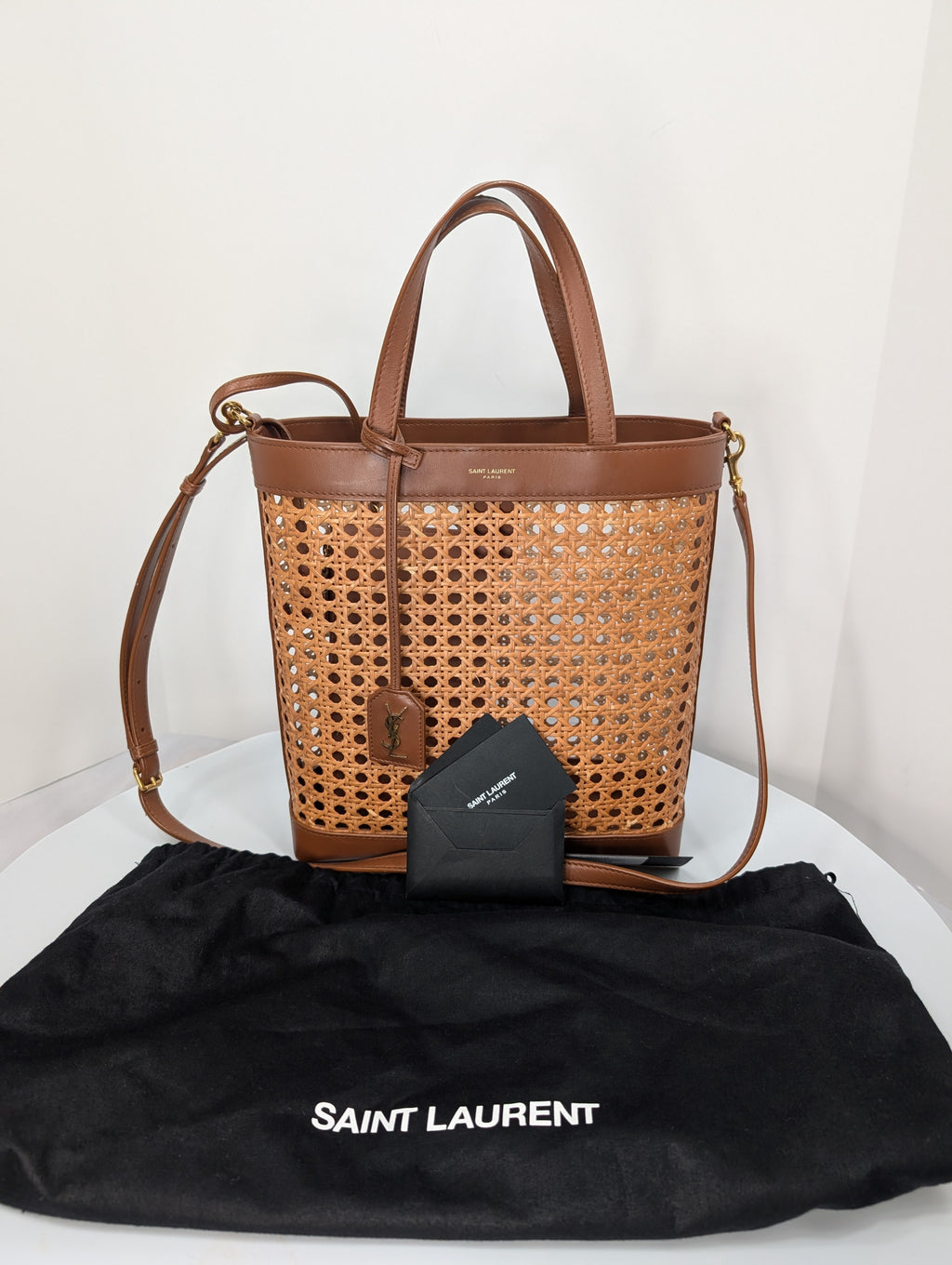 Saint Laurent Paris Cognac Brown Leather Woven Wicker Toy Shopping Tote