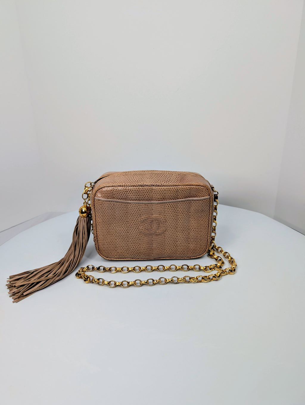 Chanel Vintage Beige Lizard Skin Bijoux Chain Tassel Camera Bag with 24K Gold-Plated Hardware