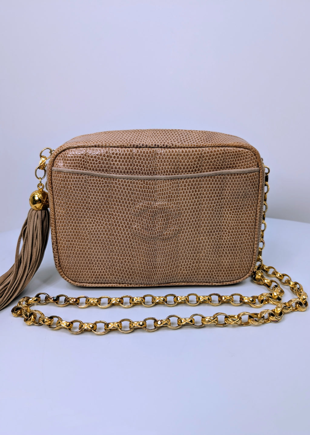 Chanel Vintage Beige Lizard Skin Bijoux Chain Tassel Camera Bag with 24K Gold-Plated Hardware