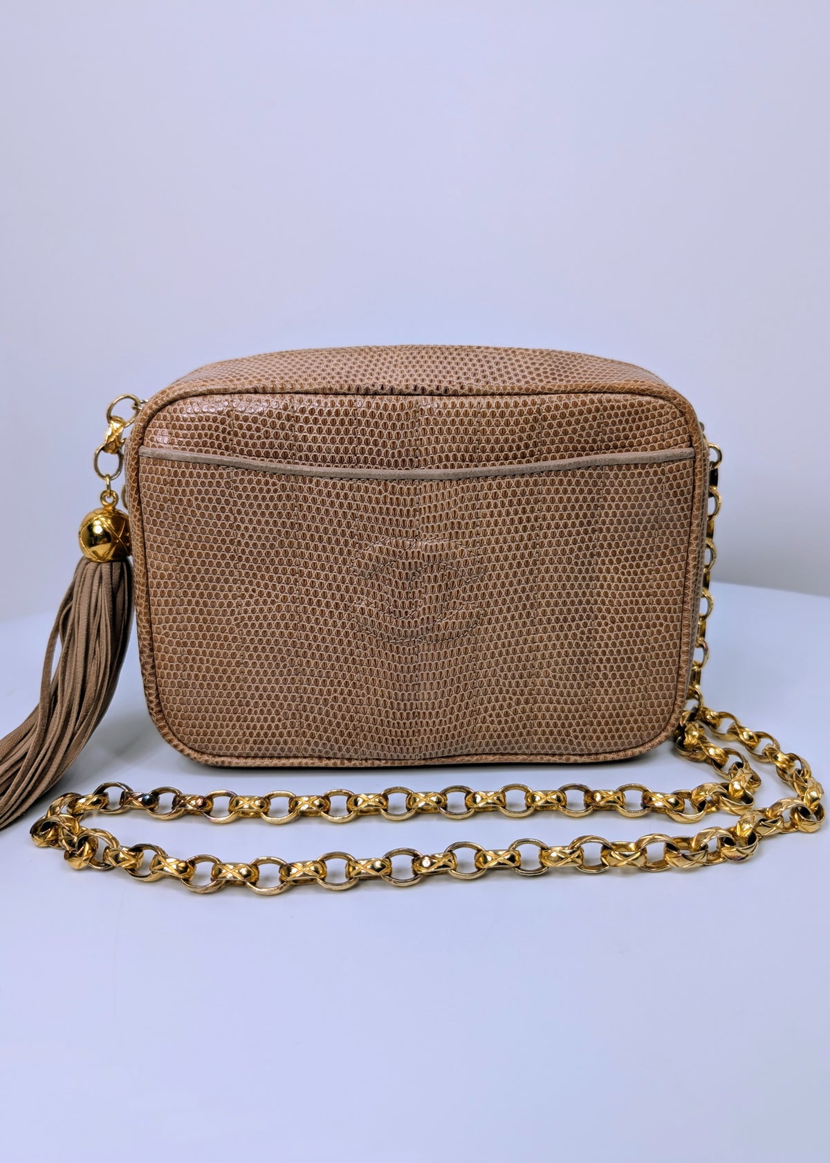 Chanel Vintage Beige Lizard Skin Bijoux Chain Tassel Camera Bag with 24K Gold-Plated Hardware