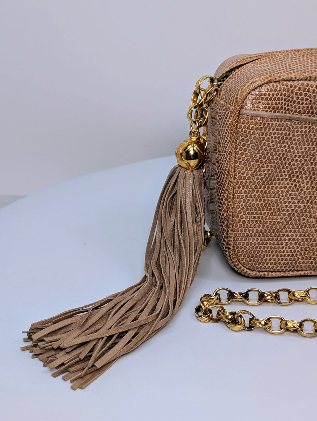 Chanel Vintage Beige Lizard Skin Bijoux Chain Tassel Camera Bag with 24K Gold-Plated Hardware