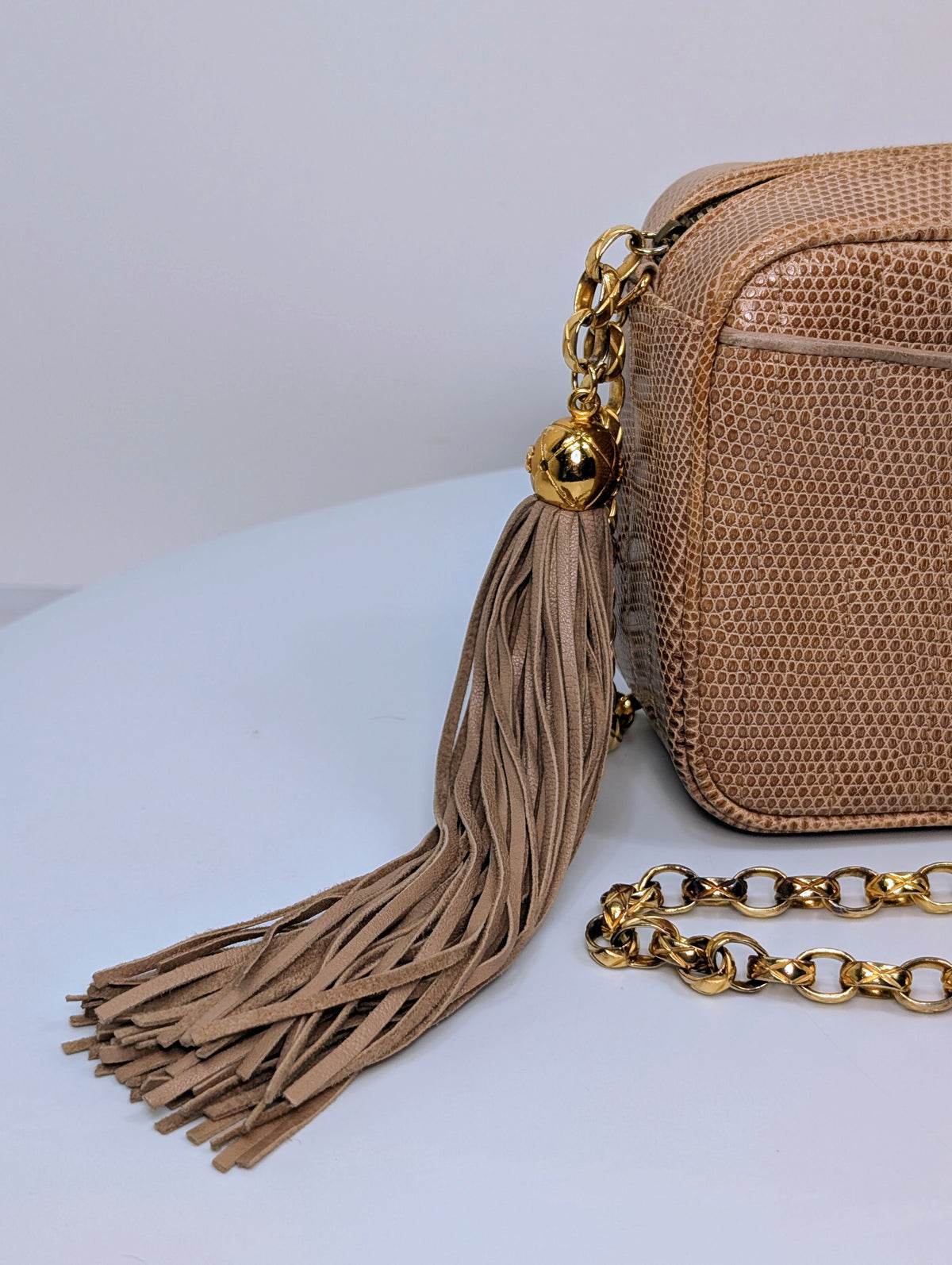 Chanel Vintage Beige Lizard Skin Bijoux Chain Tassel Camera Bag with 24K Gold-Plated Hardware
