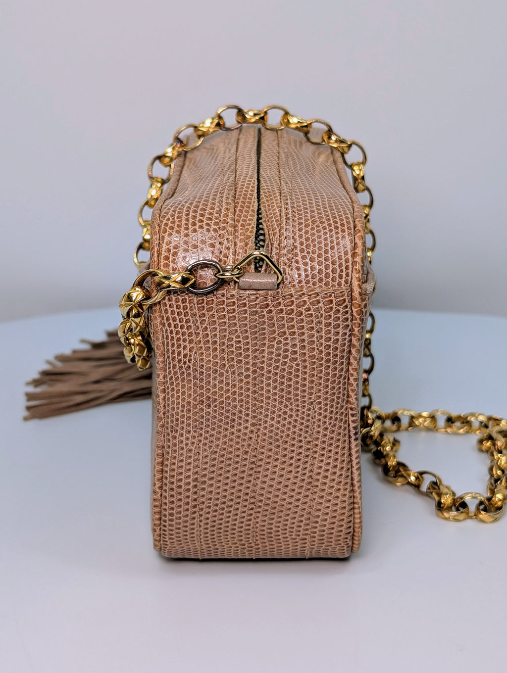 Chanel Vintage Beige Lizard Skin Bijoux Chain Tassel Camera Bag with 24K Gold-Plated Hardware