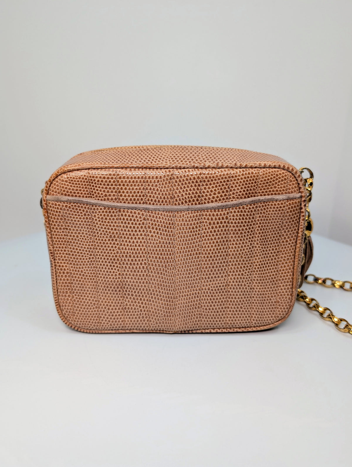 Chanel Vintage Beige Lizard Skin Bijoux Chain Tassel Camera Bag with 24K Gold-Plated Hardware