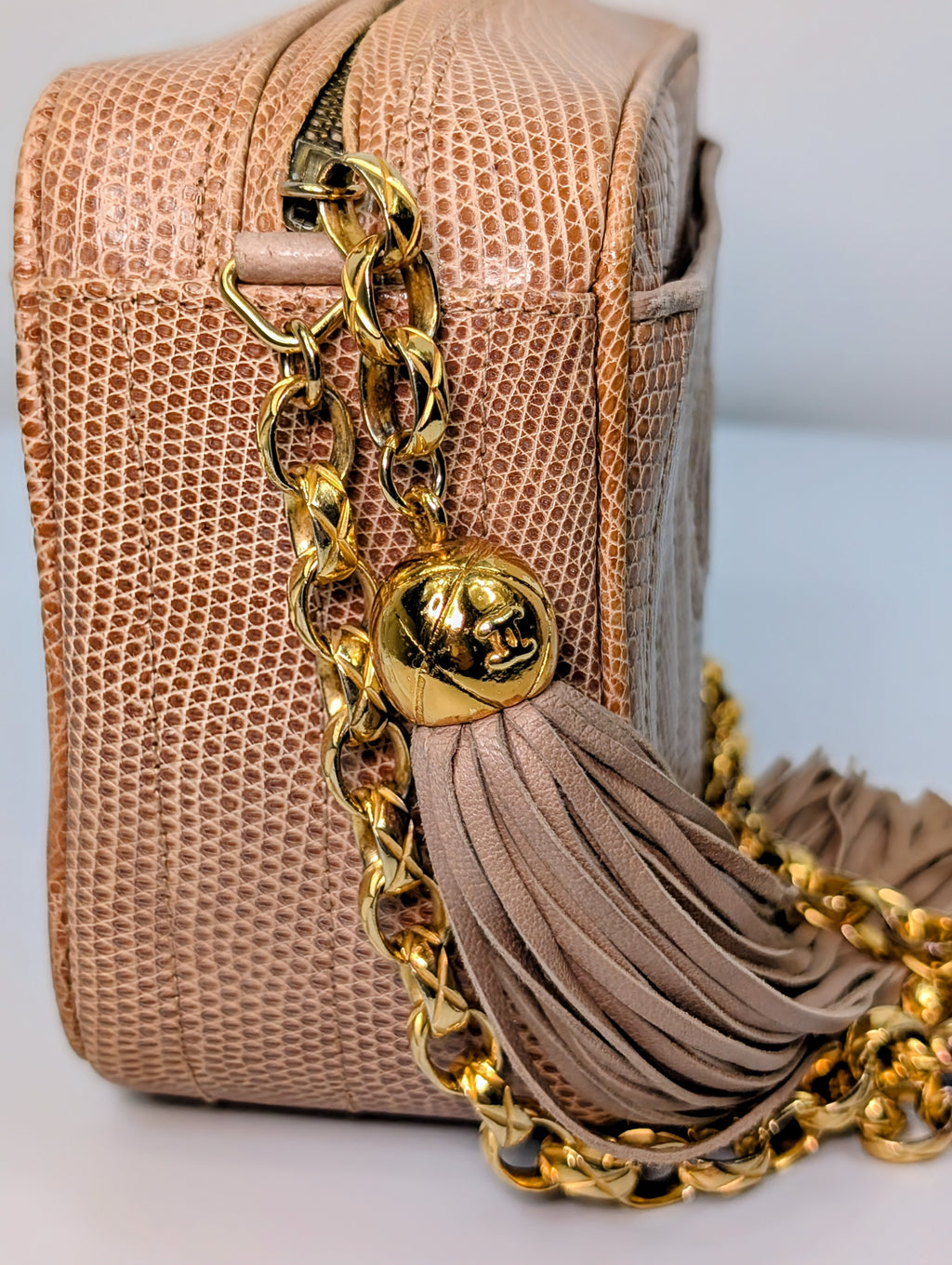 Chanel Vintage Beige Lizard Skin Bijoux Chain Tassel Camera Bag with 24K Gold-Plated Hardware