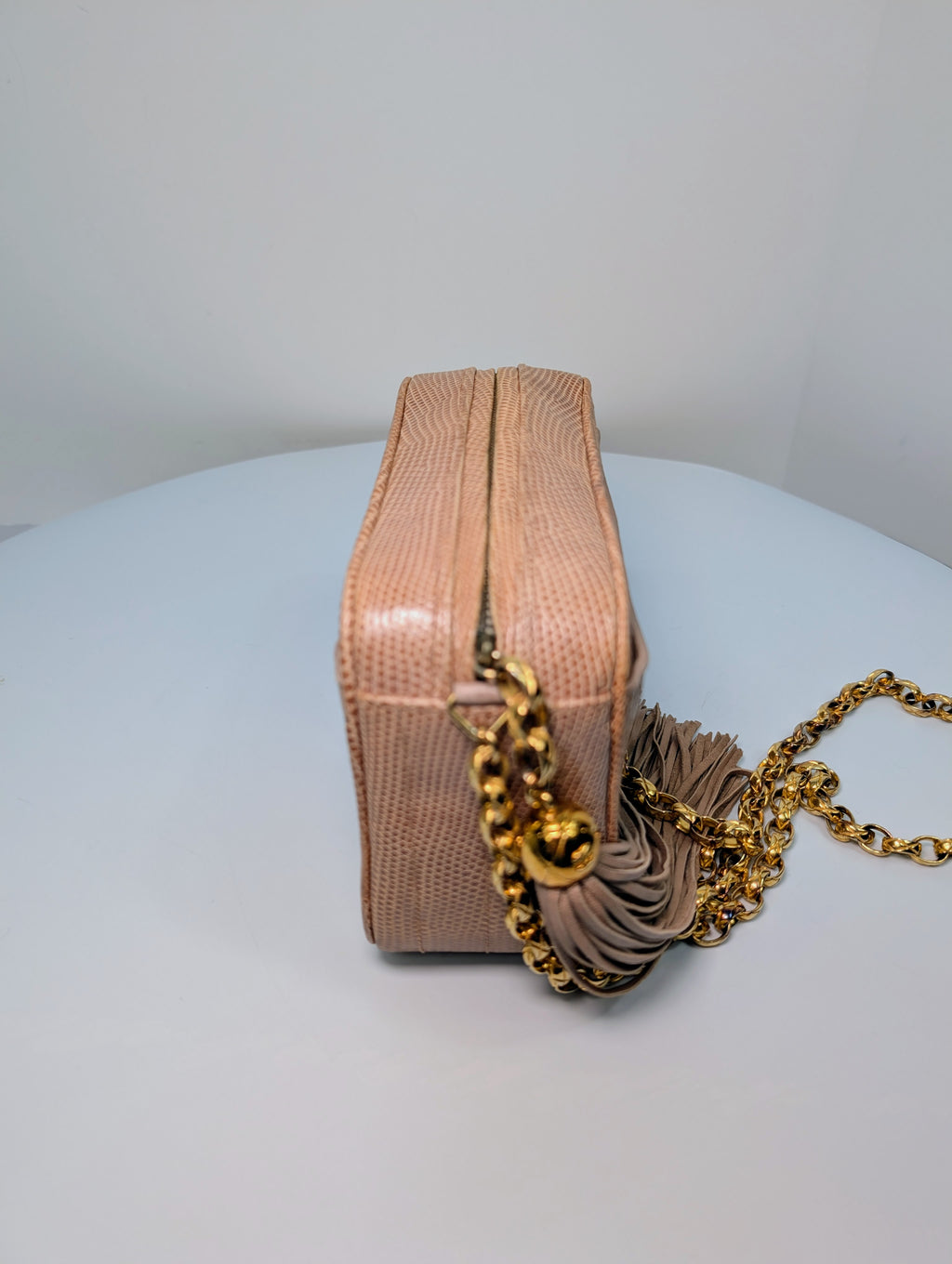 Chanel Vintage Beige Lizard Skin Bijoux Chain Tassel Camera Bag with 24K Gold-Plated Hardware