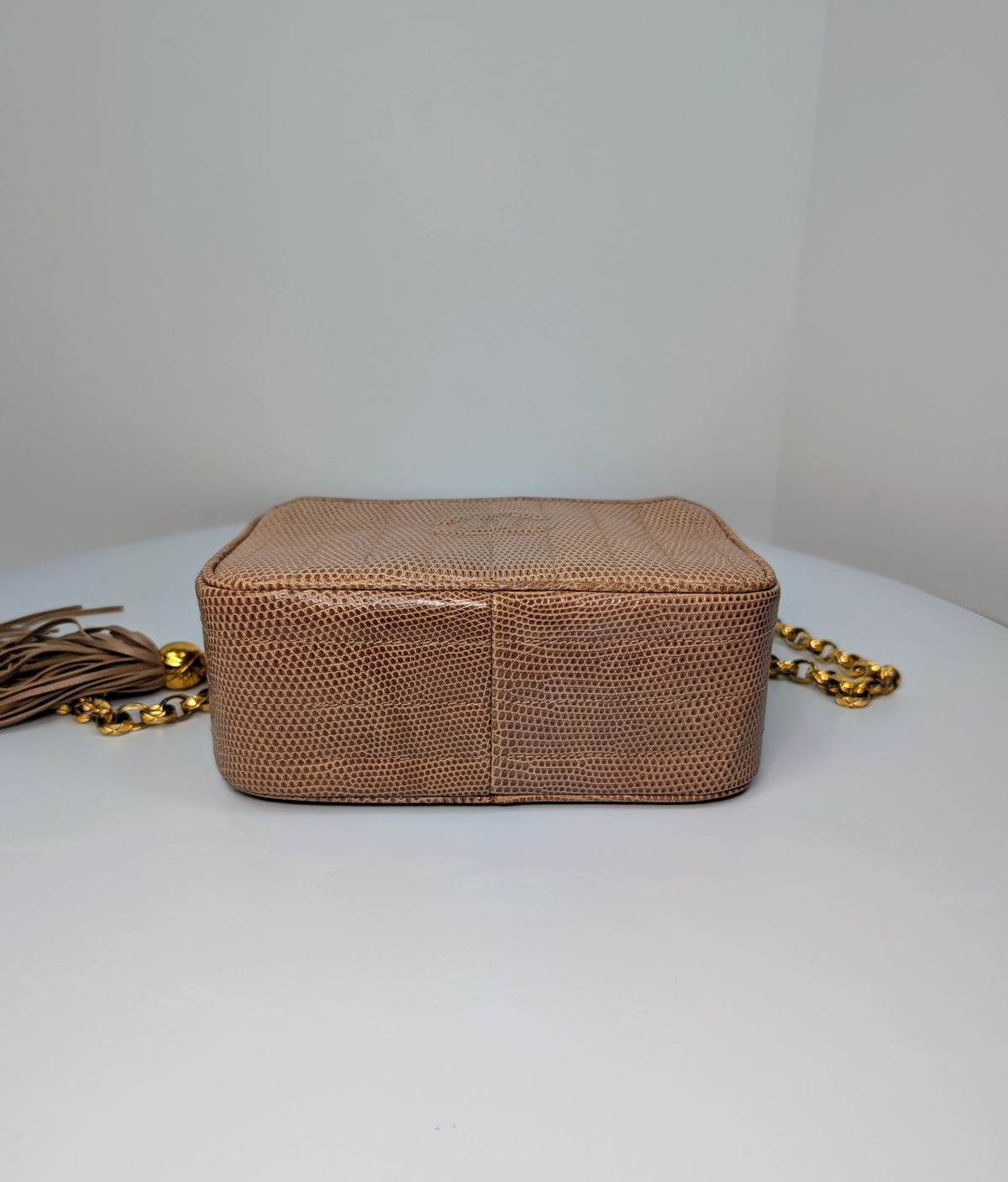 Chanel Vintage Beige Lizard Skin Bijoux Chain Tassel Camera Bag with 24K Gold-Plated Hardware