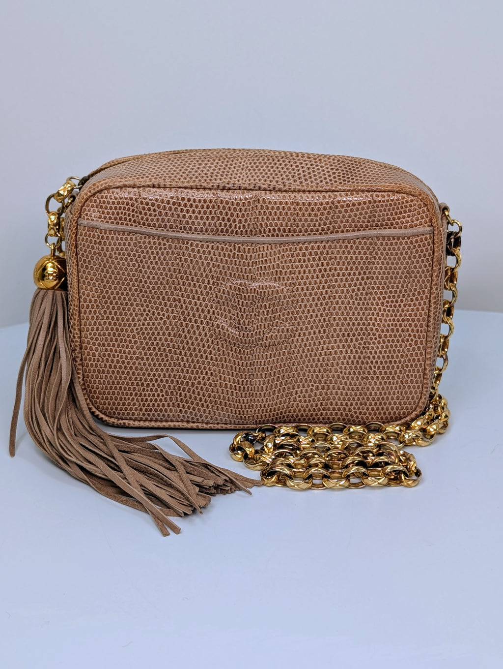 Chanel Vintage Beige Lizard Skin Bijoux Chain Tassel Camera Bag with 24K Gold-Plated Hardware