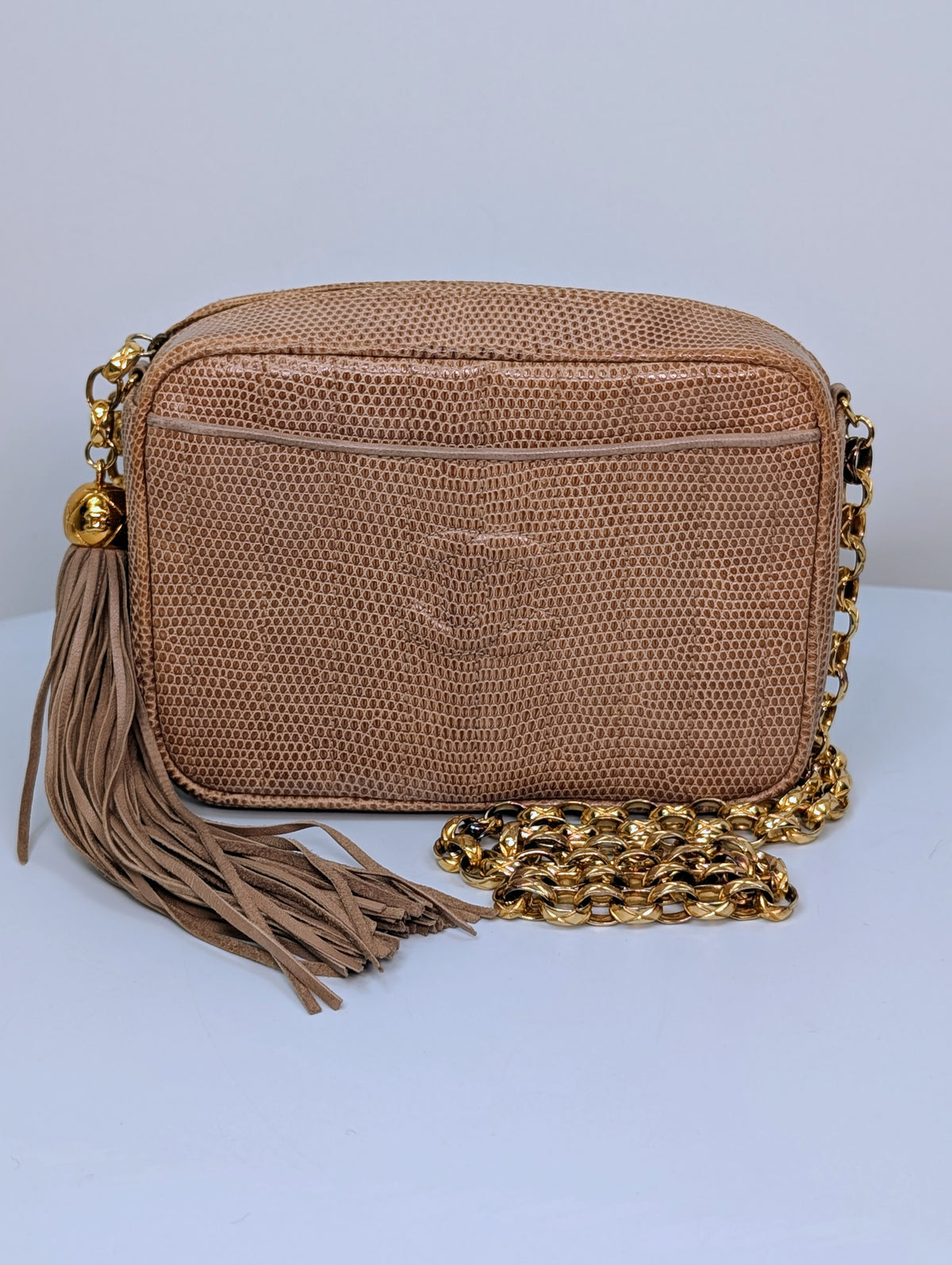 Chanel Vintage Beige Lizard Skin Bijoux Chain Tassel Camera Bag with 24K Gold-Plated Hardware