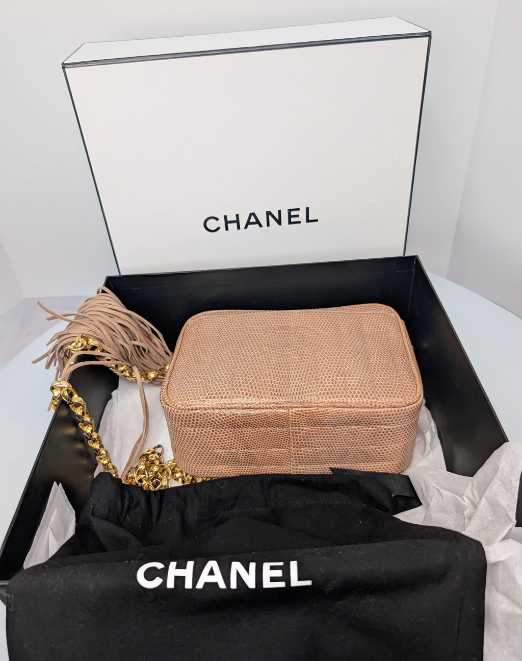 Chanel Vintage Beige Lizard Skin Bijoux Chain Tassel Camera Bag with 24K Gold-Plated Hardware