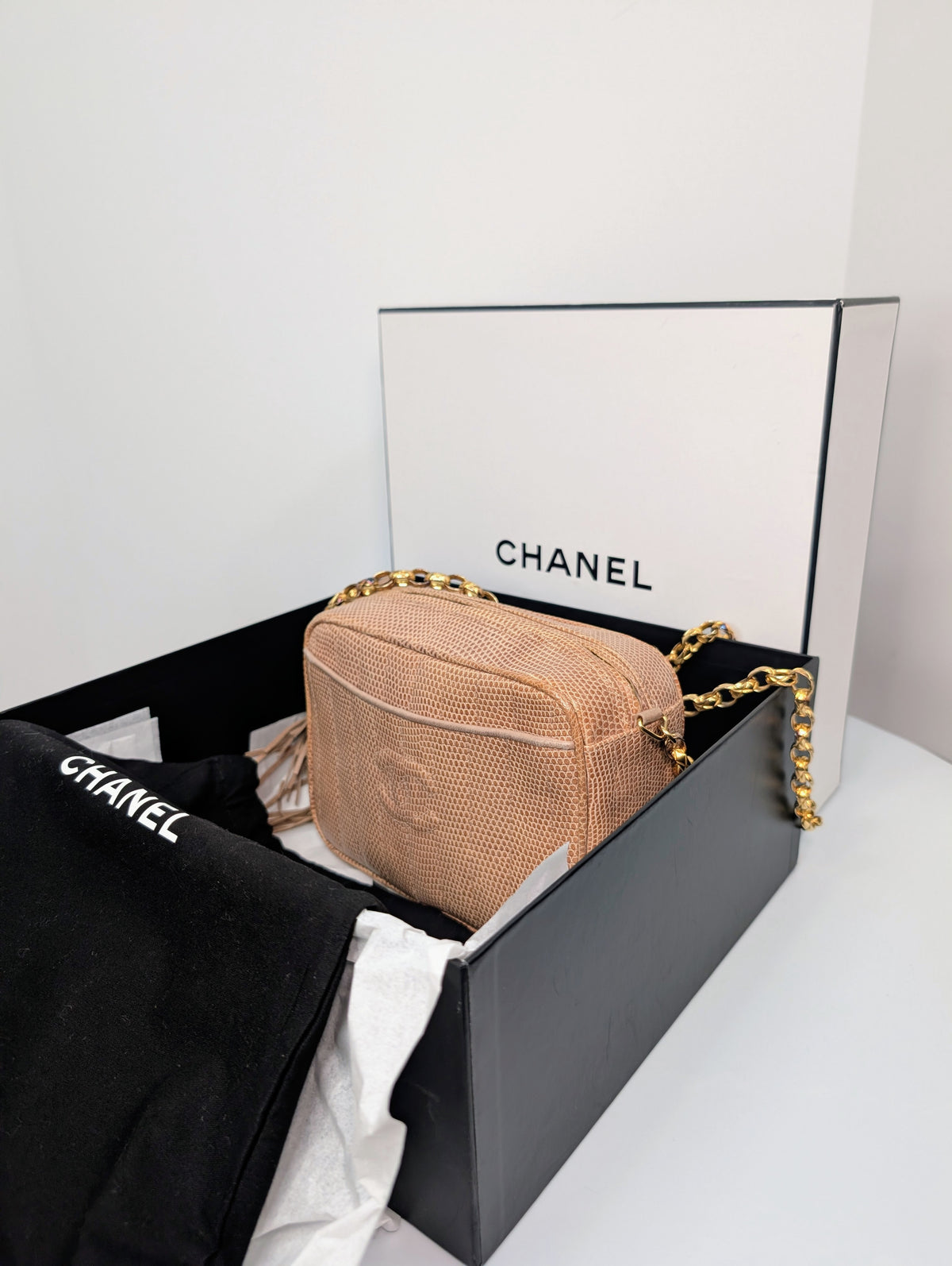 Chanel Vintage Beige Lizard Skin Bijoux Chain Tassel Camera Bag with 24K Gold-Plated Hardware