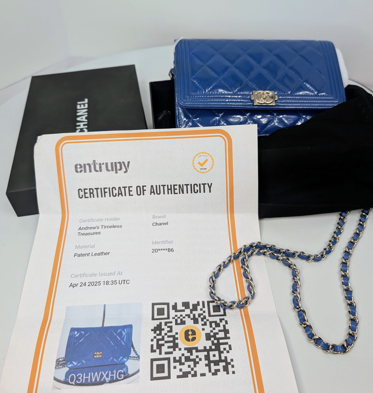 Chanel Electric Blue Quilted Patent Calfskin Boy Wallet on Chain WOC