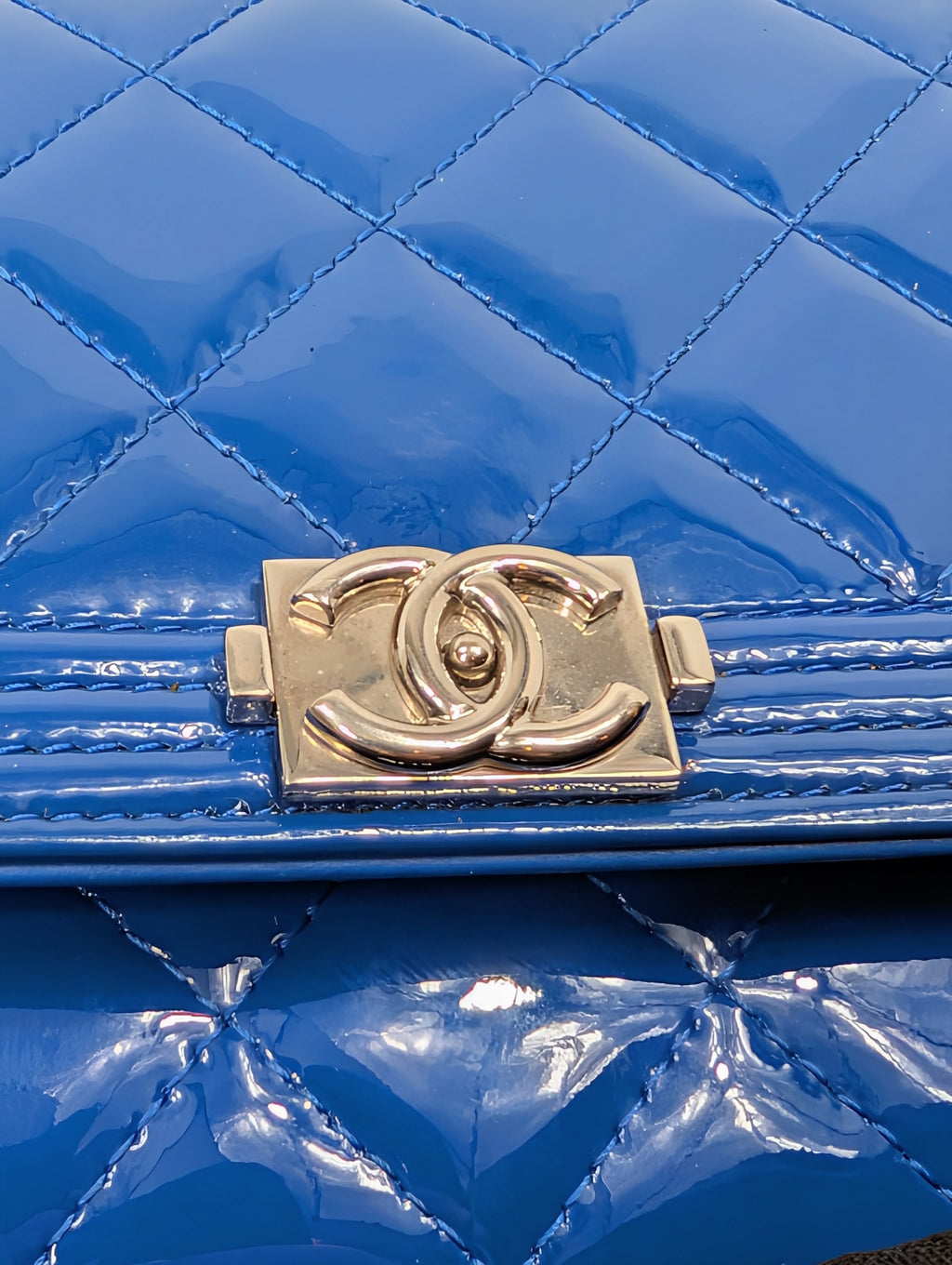 Chanel Electric Blue Quilted Patent Calfskin Boy Wallet on Chain WOC