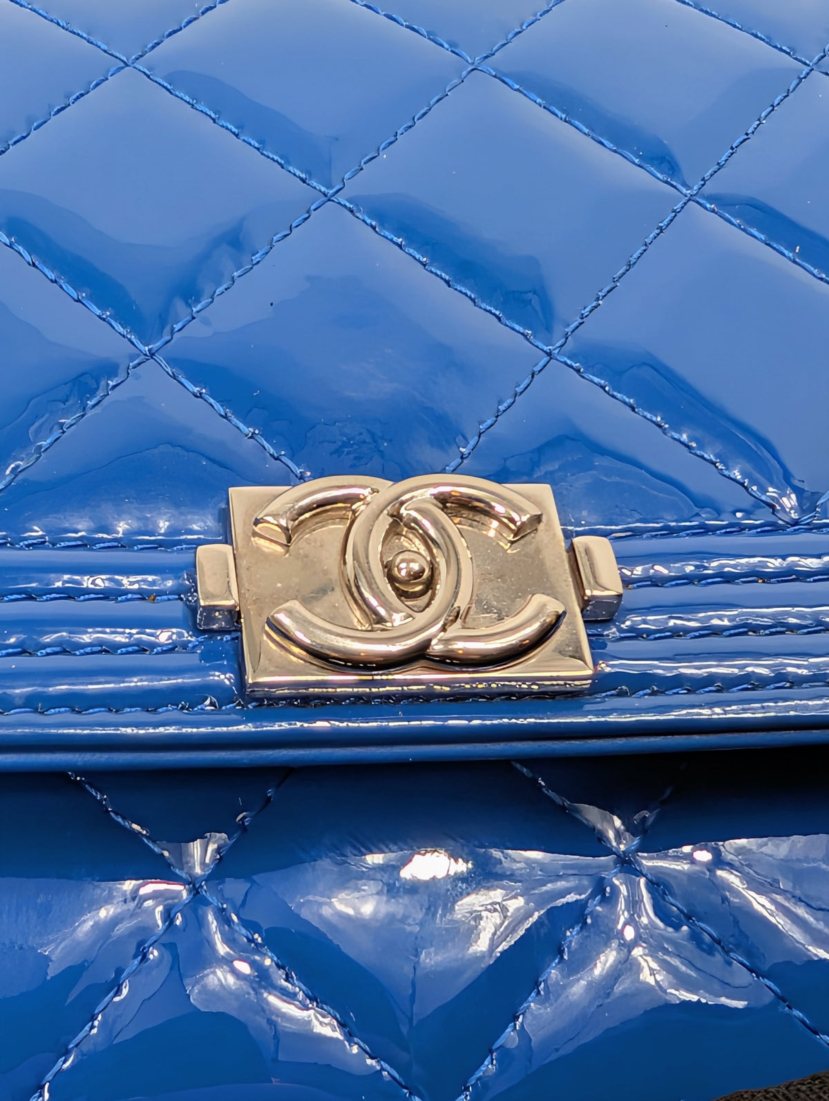 Chanel Electric Blue Quilted Patent Calfskin Boy Wallet on Chain WOC
