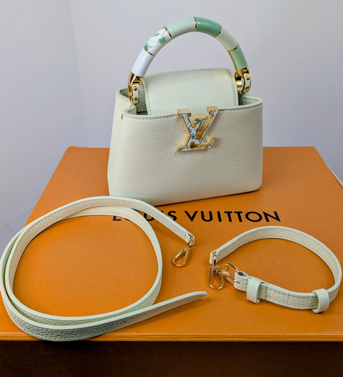 Louis Vuitton Limited Edition Pale Mint Cream Taurillon Leather Capucines Mini Flower Crown Bag