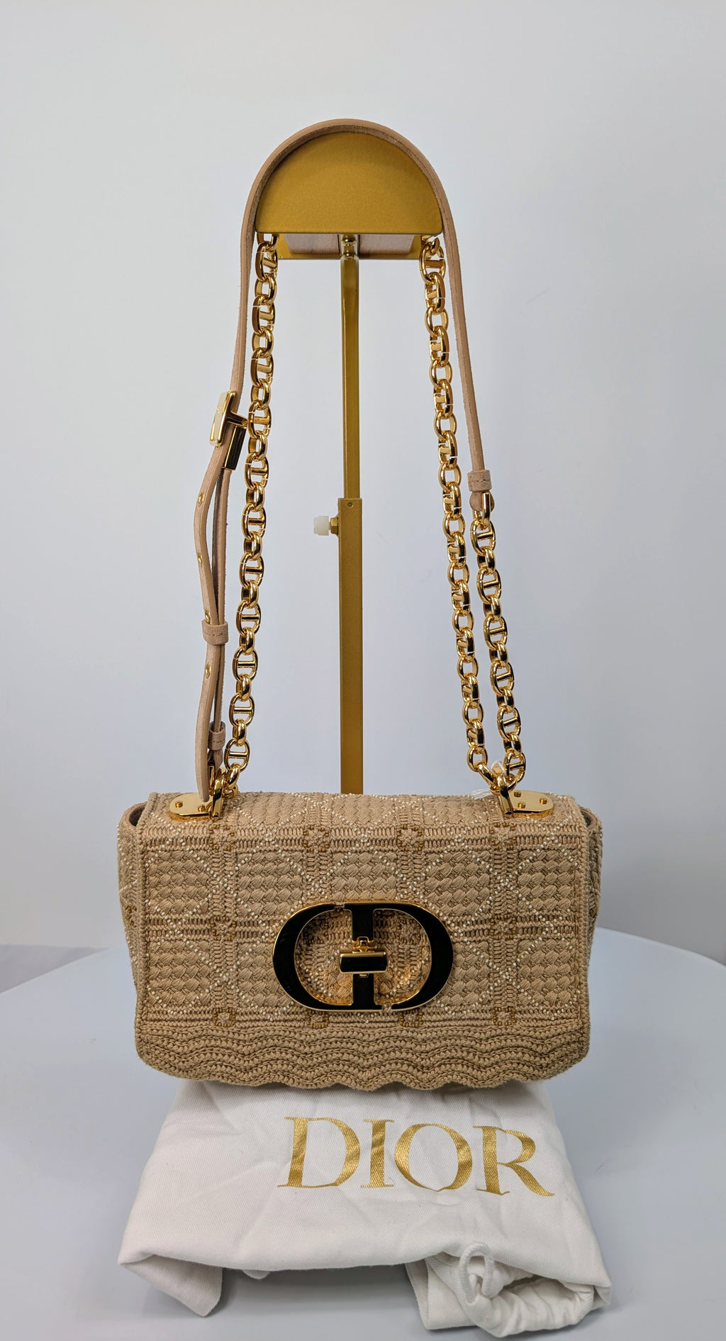 Christian Dior Natural Straw Raffia Woven Cannage Small Caro Flap Shoulder Bag