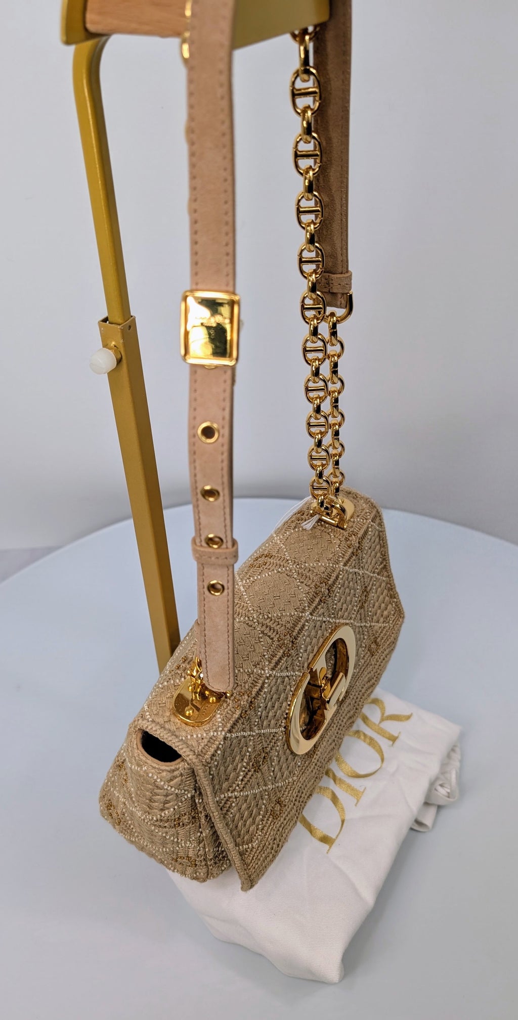 Christian Dior Natural Straw Raffia Woven Cannage Small Caro Flap Shoulder Bag