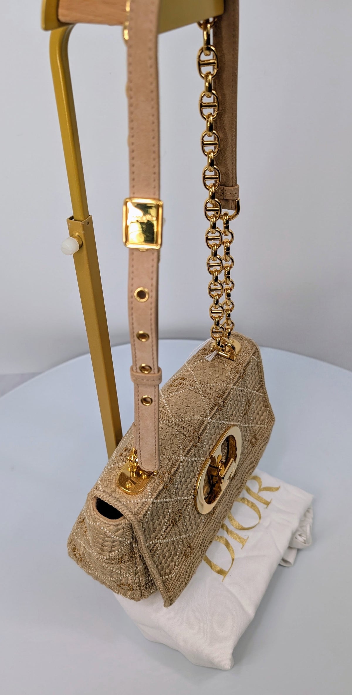 Christian Dior Natural Straw Raffia Woven Cannage Small Caro Flap Shoulder Bag