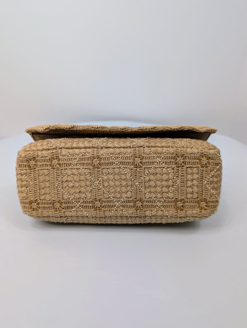 Christian Dior Natural Straw Raffia Woven Cannage Small Caro Flap Shoulder Bag
