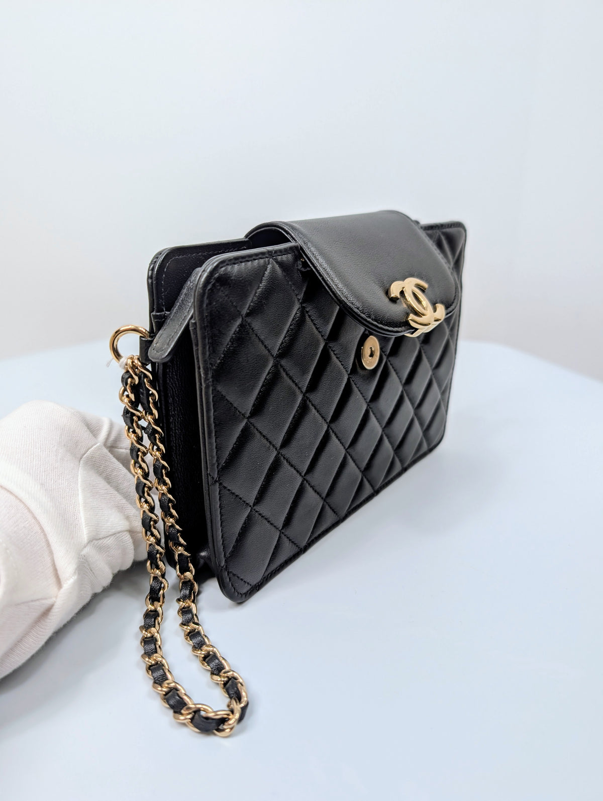 Chanel Black Quilted Lambskin Flap CC Pouch Wristlet Clutch WOC