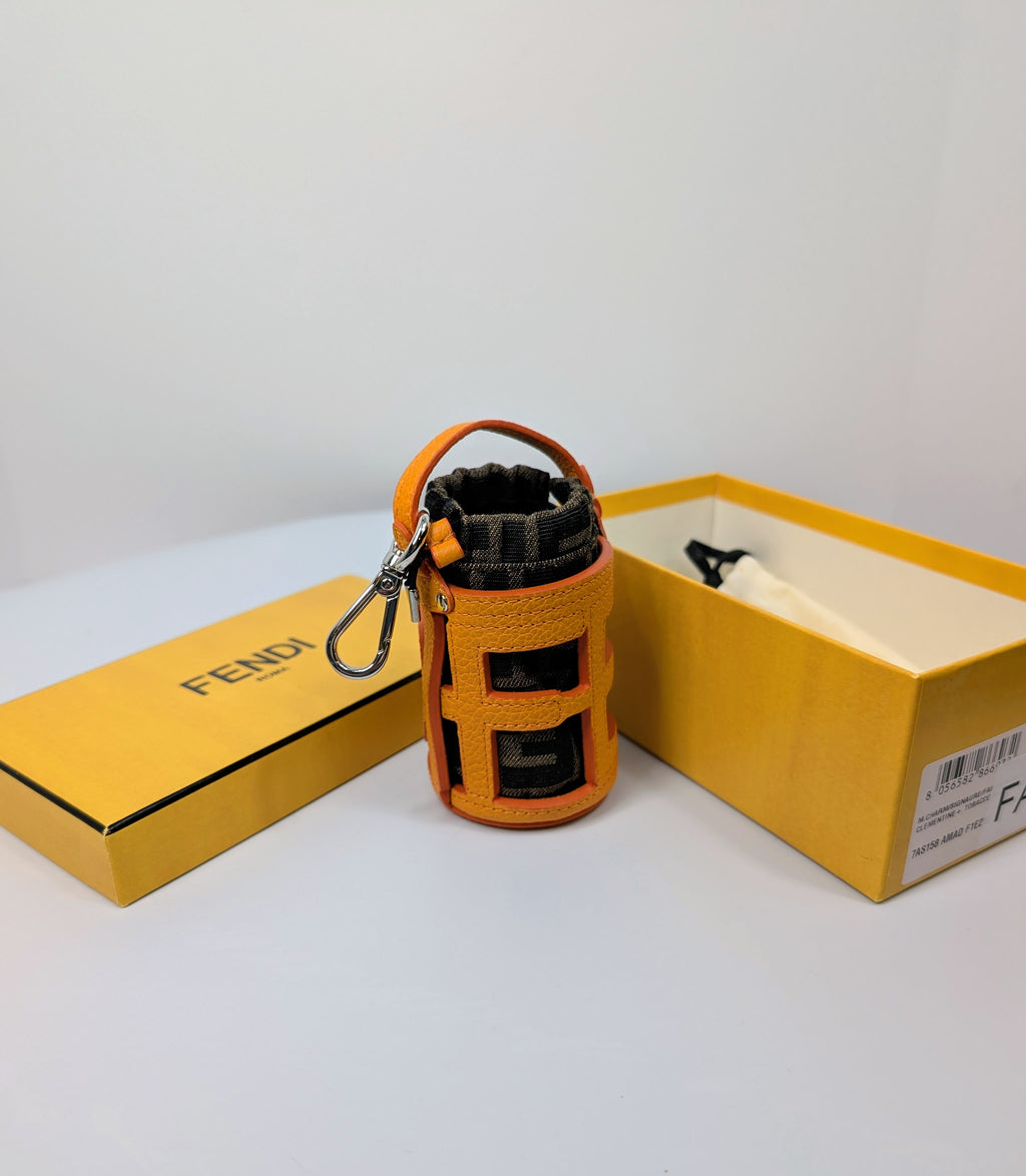 Fendi Clementine Orange Leather “FENDI” Cutout Mon Tresor Mink, Fox and Goat Fur Bag Charm