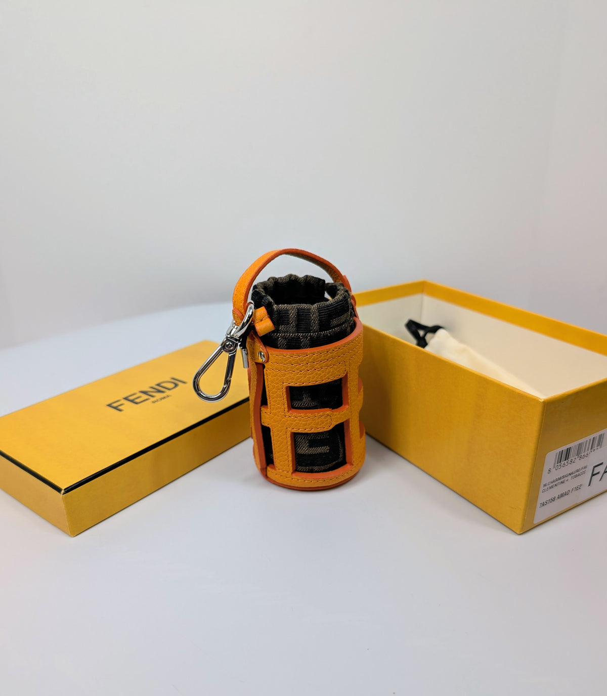 Fendi Clementine Orange Leather “FENDI” Cutout Mon Tresor Mink, Fox and Goat Fur Bag Charm