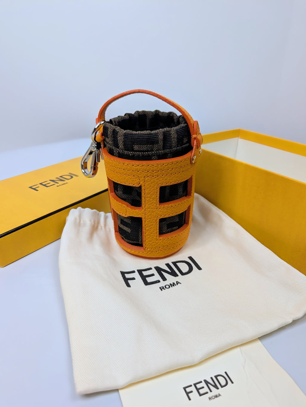 Fendi Clementine Orange Leather “FENDI” Cutout Mon Tresor Mink, Fox and Goat Fur Bag Charm