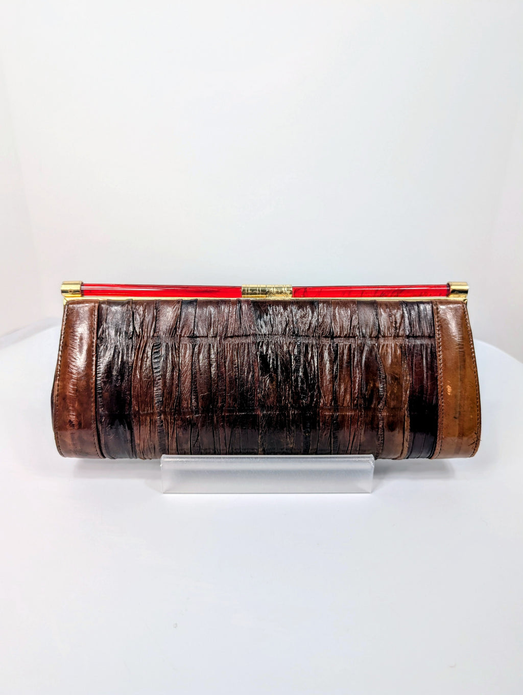 ELB Vintage Brown Genuine Eel Skin Pleated Frame Clutch with Ruby Lucite Bar