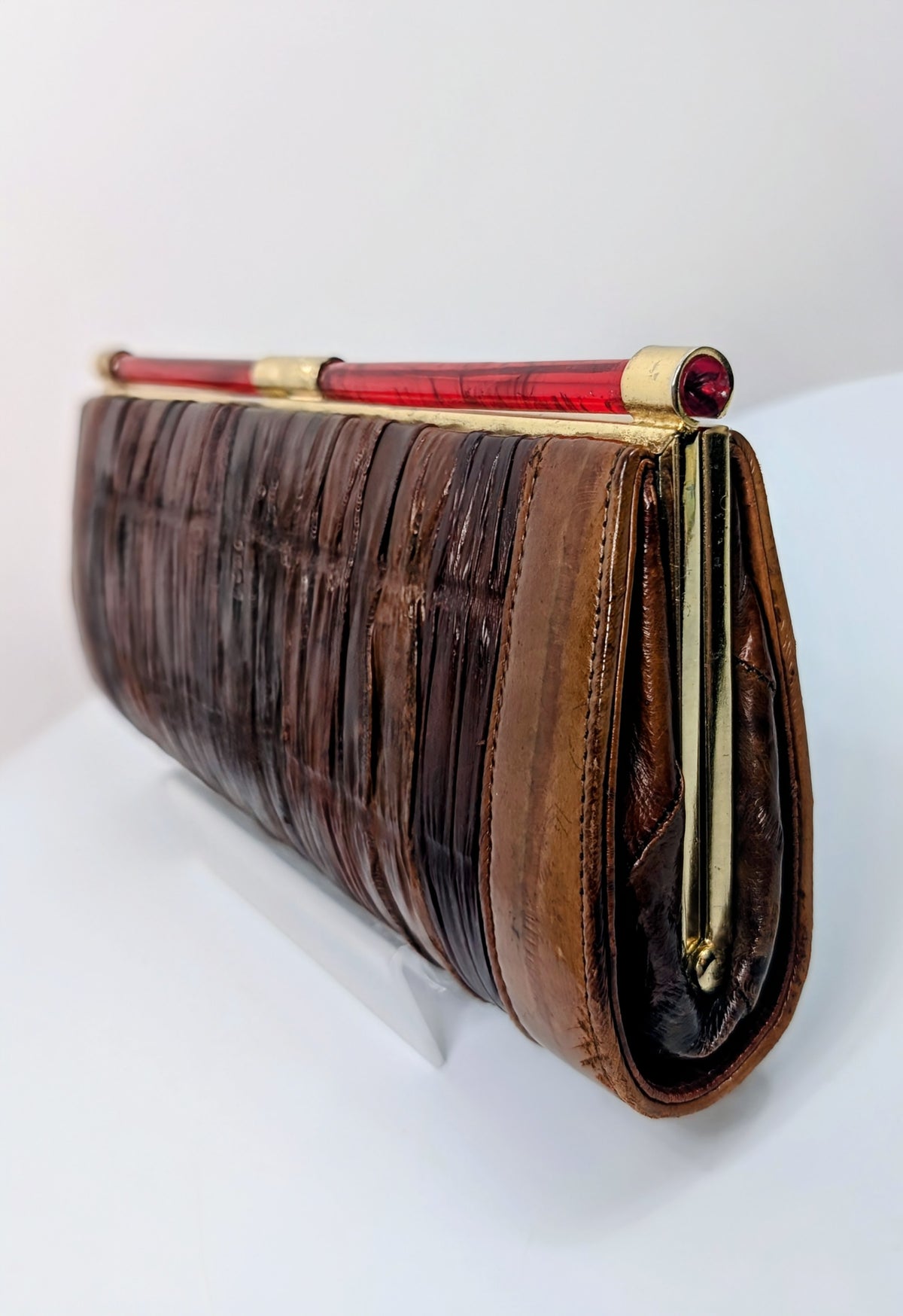 ELB Vintage Brown Genuine Eel Skin Pleated Frame Clutch with Ruby Lucite Bar