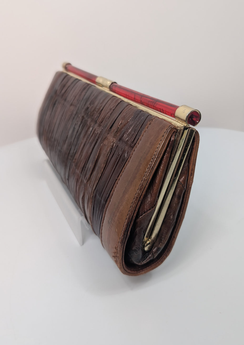 ELB Vintage Brown Genuine Eel Skin Pleated Frame Clutch with Ruby Lucite Bar